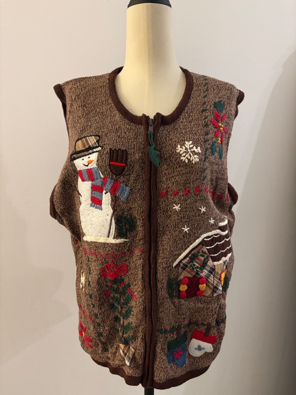 Bobbie Brooks Brown Holiday Snowman Zip-Up Sweater Vest